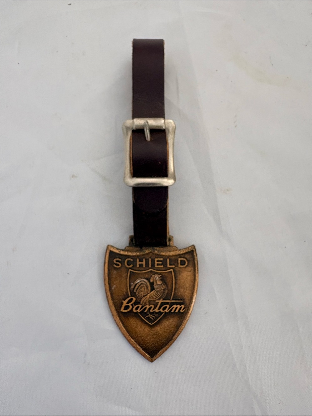 Schield Bantam Brass Shield Key or Watch Fob with Dark Brown Leather Strap